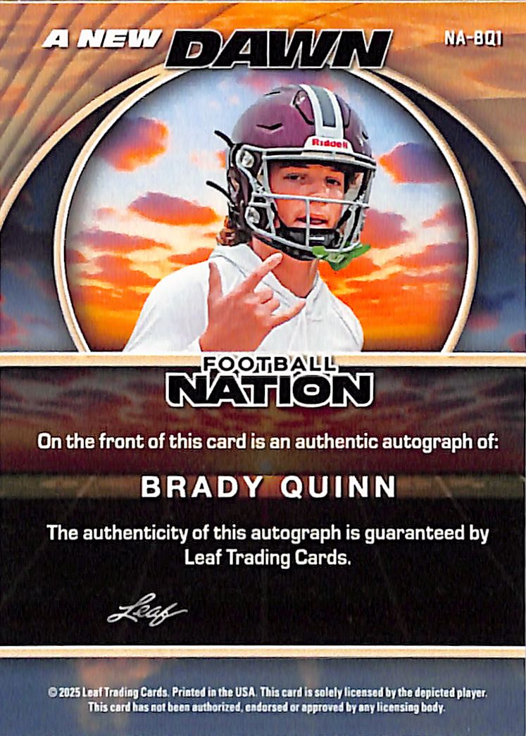 2025 Leaf Football Nation New Dawn Brady Quinn Auto /4 Rookie #NA-BQ1 Notre Dame