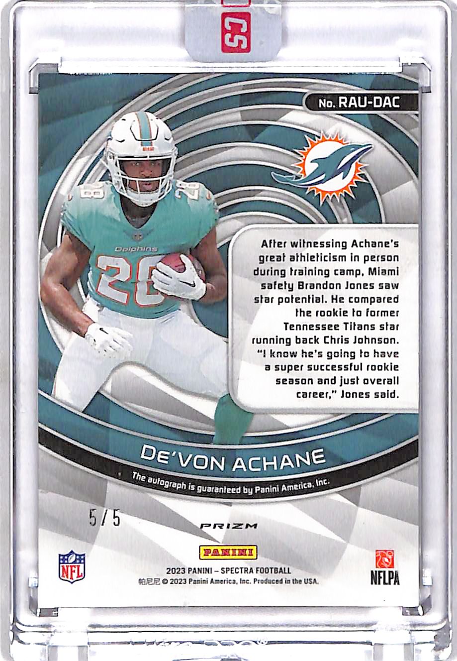 2023 Panini Spectra De'Von Achane Rookie Autograph /5 #RAU-DAC Dolphins