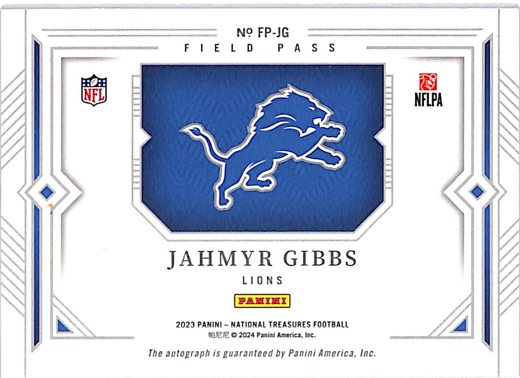 2024 National Treasures Field Pass Jahmyr Gibbs Auto /25 Rookie #FP-JG Lions