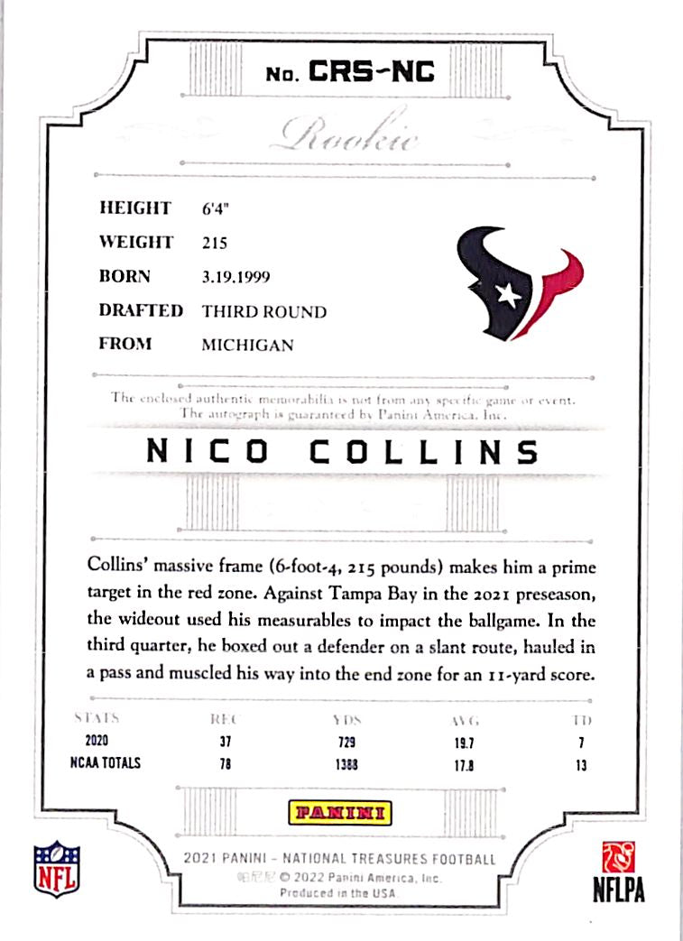 2021 National Treasures Nico Collins Auto /99 Rookie Patch #CRS-NC Texans