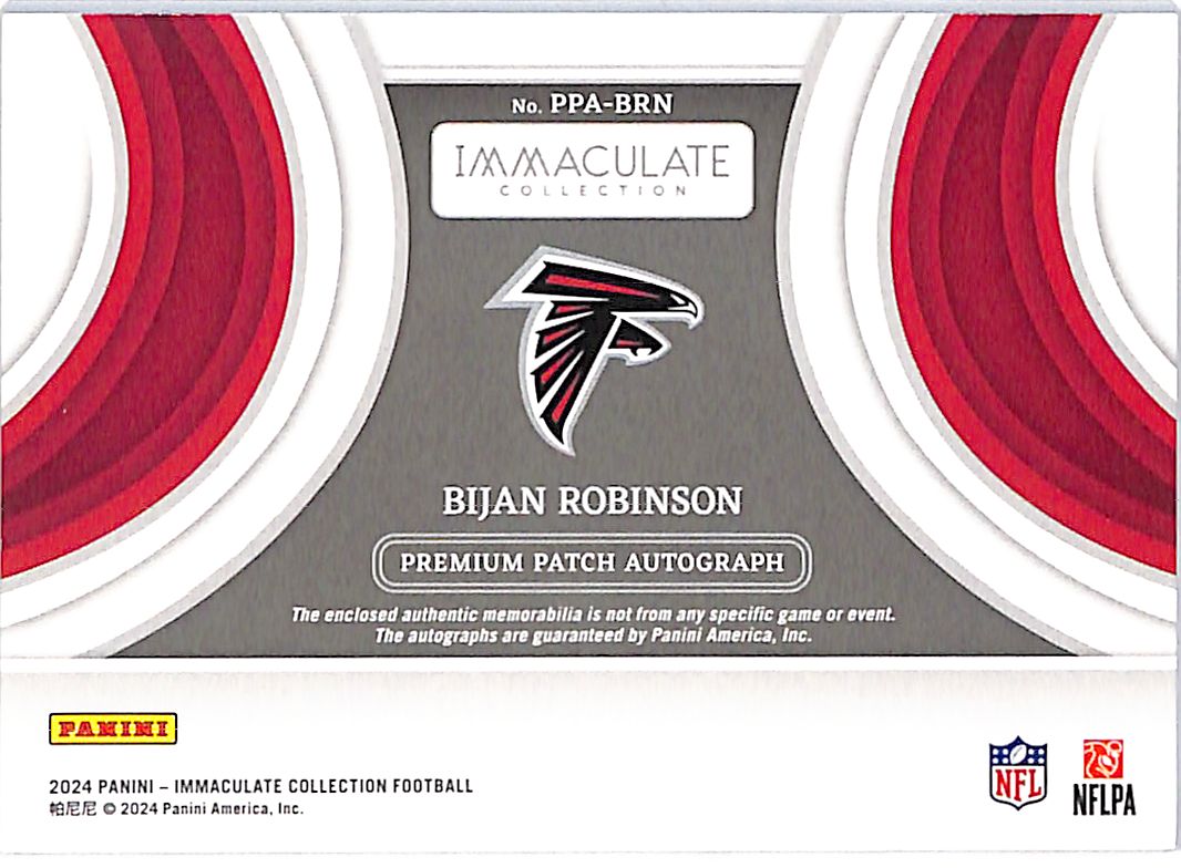 2024 Immaculate Collection Bijan Robinson /99 Autograph Patch #PPA-BRN Falcons