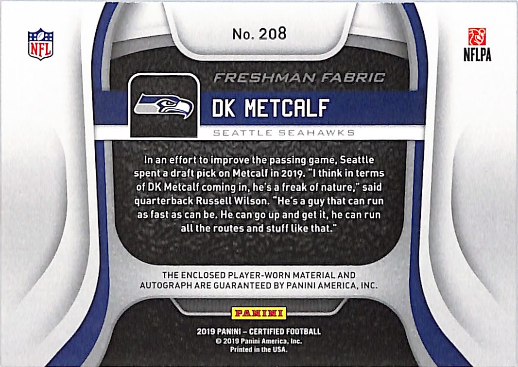 2019 Certified Freshman Fabric DK Metcalf /399 Auto Rookie Patch #208 Seahawks