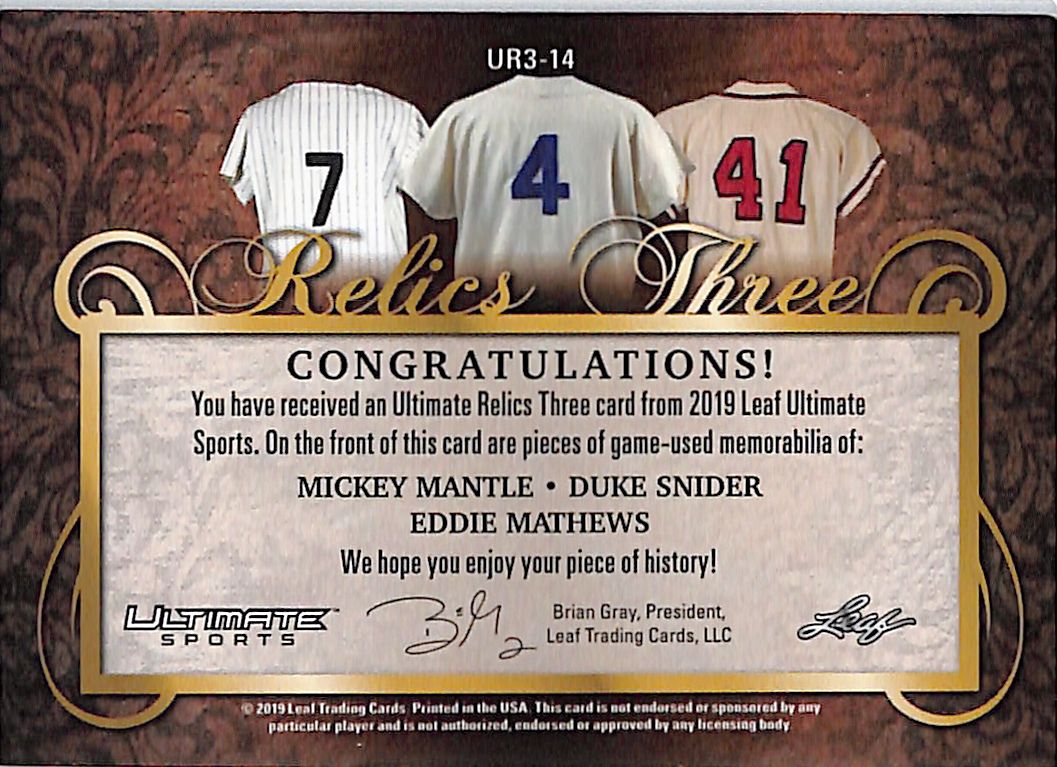 2019 Leaf Ultimate Sports Mickey Mantle Mathews Snider Game-Used Relic UR3-14 /4
