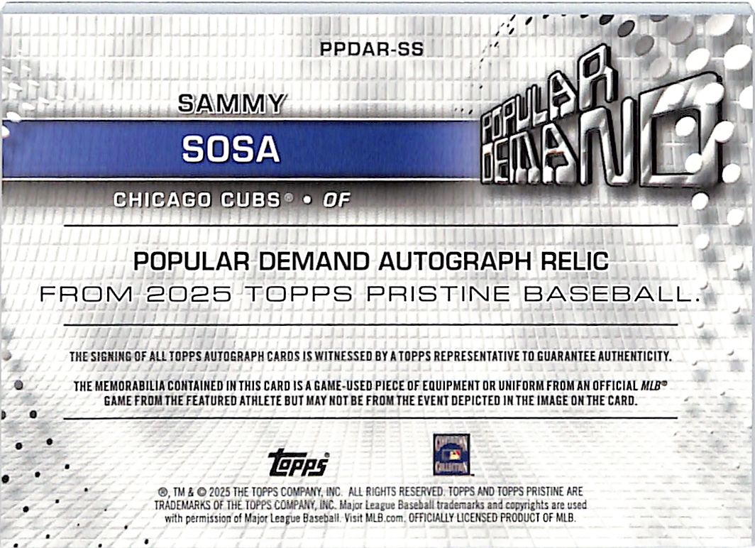 2025 Topps Pristine Popular Demand Sammy Sosa Red /5 Auto Patch #PPDAR-SS Cubs