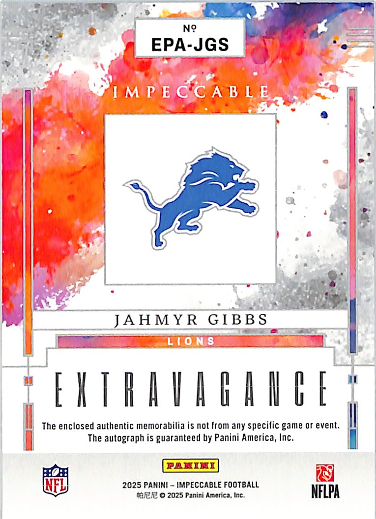 2025 Impeccable Extravagance Jahmyr Gibbs Auto /75 Patch #EPA-JGS Lions