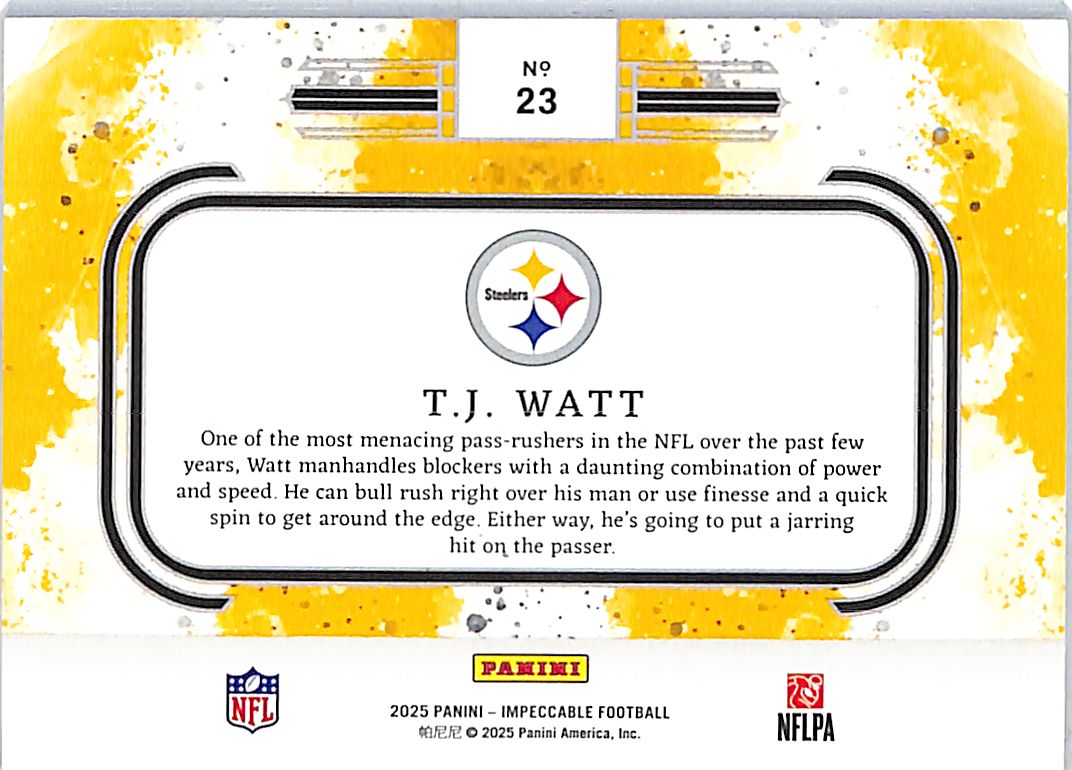 2025 Panini Impeccable Football T.J. Watt /35 Silver Bar Memorabilia 23 Steelers