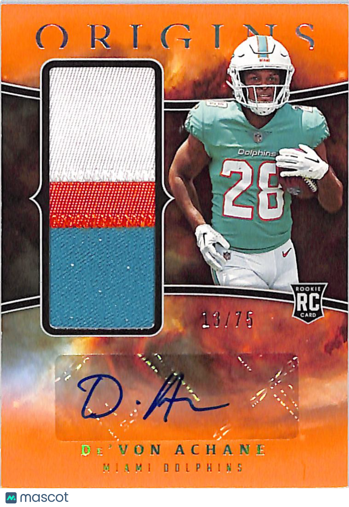 2023 Origins De'Von Achane /75 Rookie Patch Auto Orange #RJJA-DA Dolphins