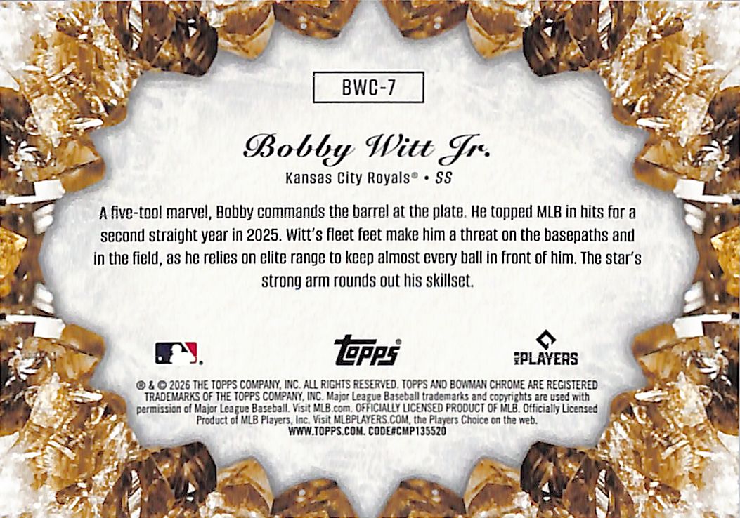2026 Bowman Chrome Bobby Witt Jr. Crystalized Gold /50 #BWC-7 Kansas City Royals