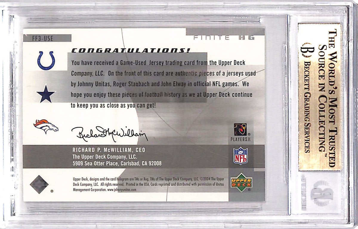 2004 Upper Deck Finite HG Fabrics Elway Unitas Staubach Triple Jersey BGS 9.5