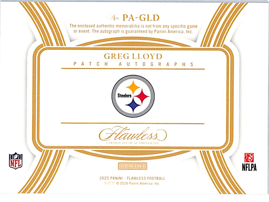 2025 Flawless Football Greg Lloyd /25 Autograph Patch #PA-GLD Steelers