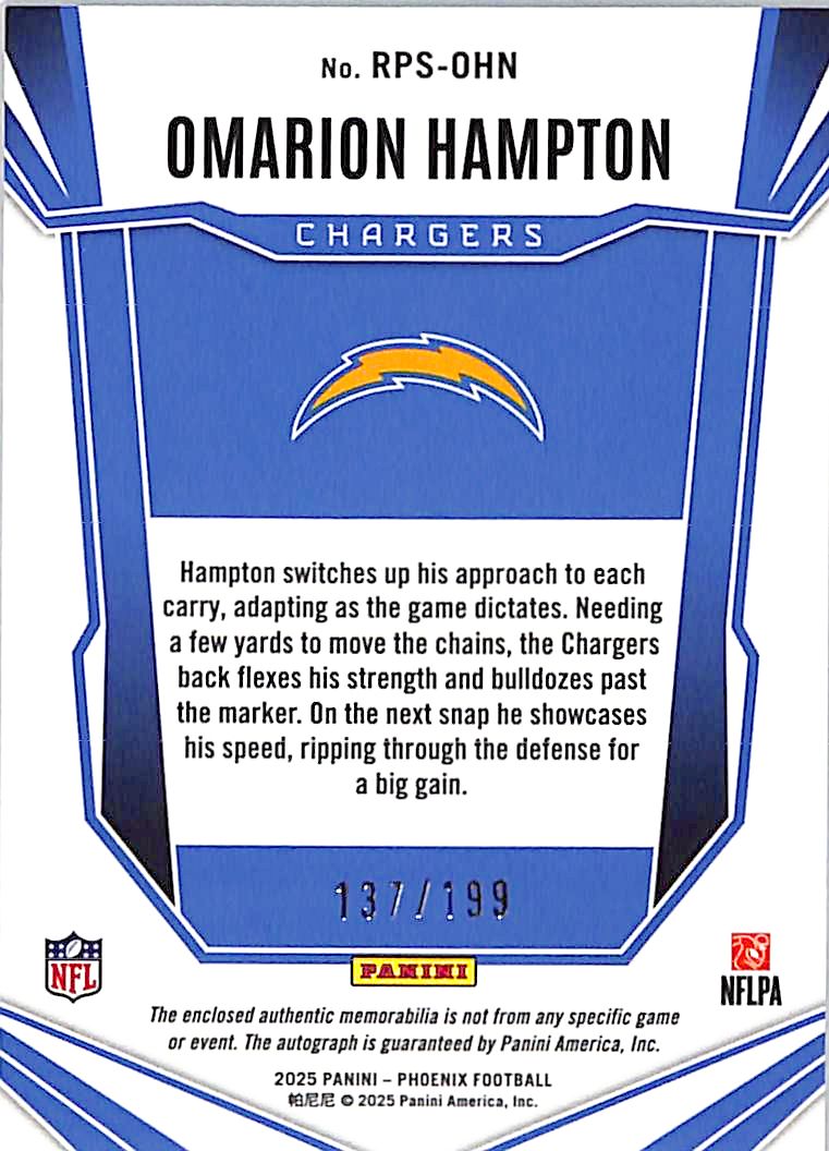 2025 Panini Phoenix Omarion Hampton /199 Rookie Patch RC Auto #RPS-OHN Chargers
