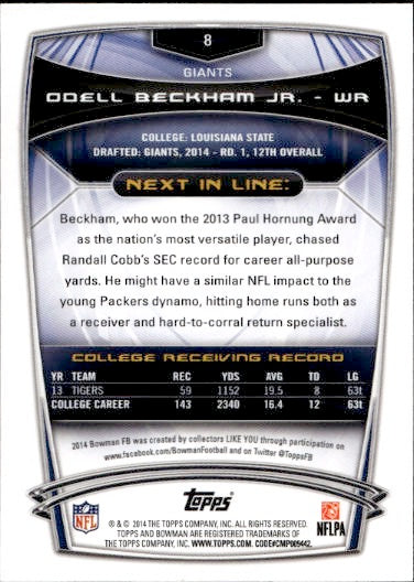 2014 Bowman Odell Beckham Jr. Rookie RC #8 New York Giants