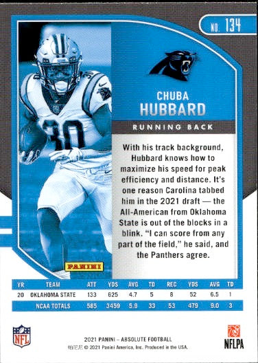 2021 Panini Absolute Football Chuba Hubbard Rookie RC #134 Carolina Panthers