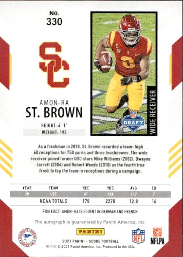 2021 Score Amon-Ra St. Brown Auto Autograph Rookie RC #330 USC Trojans