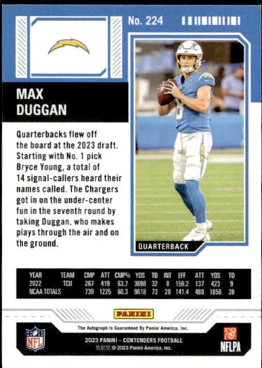 2023 Panini Contenders Football Max Duggan Rookie Ticket Auto RC #224 Chargers