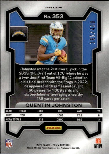 2023 Panini Prizm Quentin Johnston Pandora /400 Rookie RC #353 Chargers