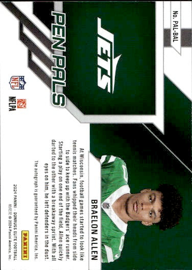 2024 Donruss Elite Pen Pals Braelon Allen Blue Auto Rookie RC #PAL-BAL Jets