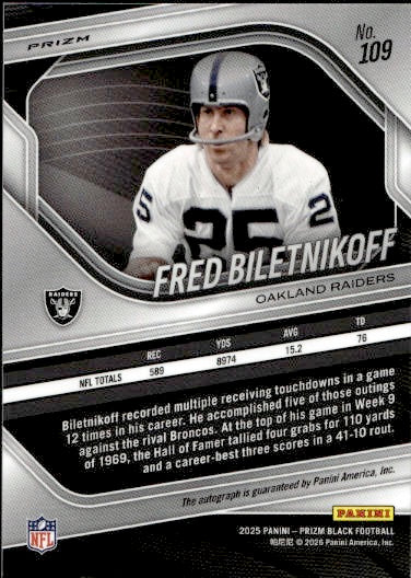 2025 Panini Prizm Black Football Fred Biletnikoff Autograph #109 Oakland Raiders