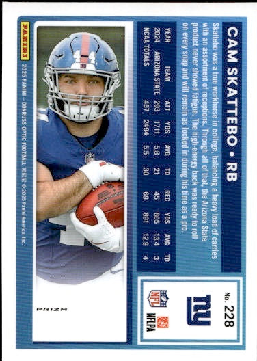 2025 Panini Donruss Optic Cam Skattebo Purple Shock Rookie #228 New York Giants