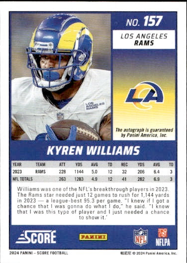 2024 Panini Score Football Kyren Williams Autograph #157 Los Angeles Rams