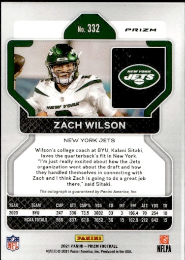 2021 Panini Prizm Zach Wilson Pink Rookie Autograph RC #332 New York Jets