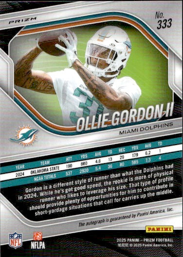 2025 Panini Prizm Ollie Gordon II Autograph Rookie RC #333 Miami Dolphins