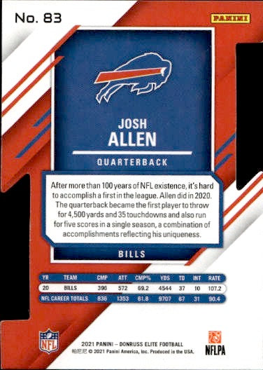 2021 Panini Donruss Elite Josh Allen Status Die Cut /5 #83 Buffalo Bills