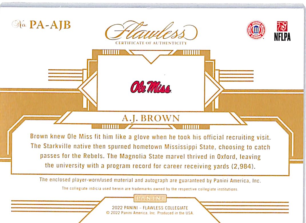 2022 Panini Flawless Collegiate A.J. Brown Autograph Patch /25 #PA-AJB Ole Miss