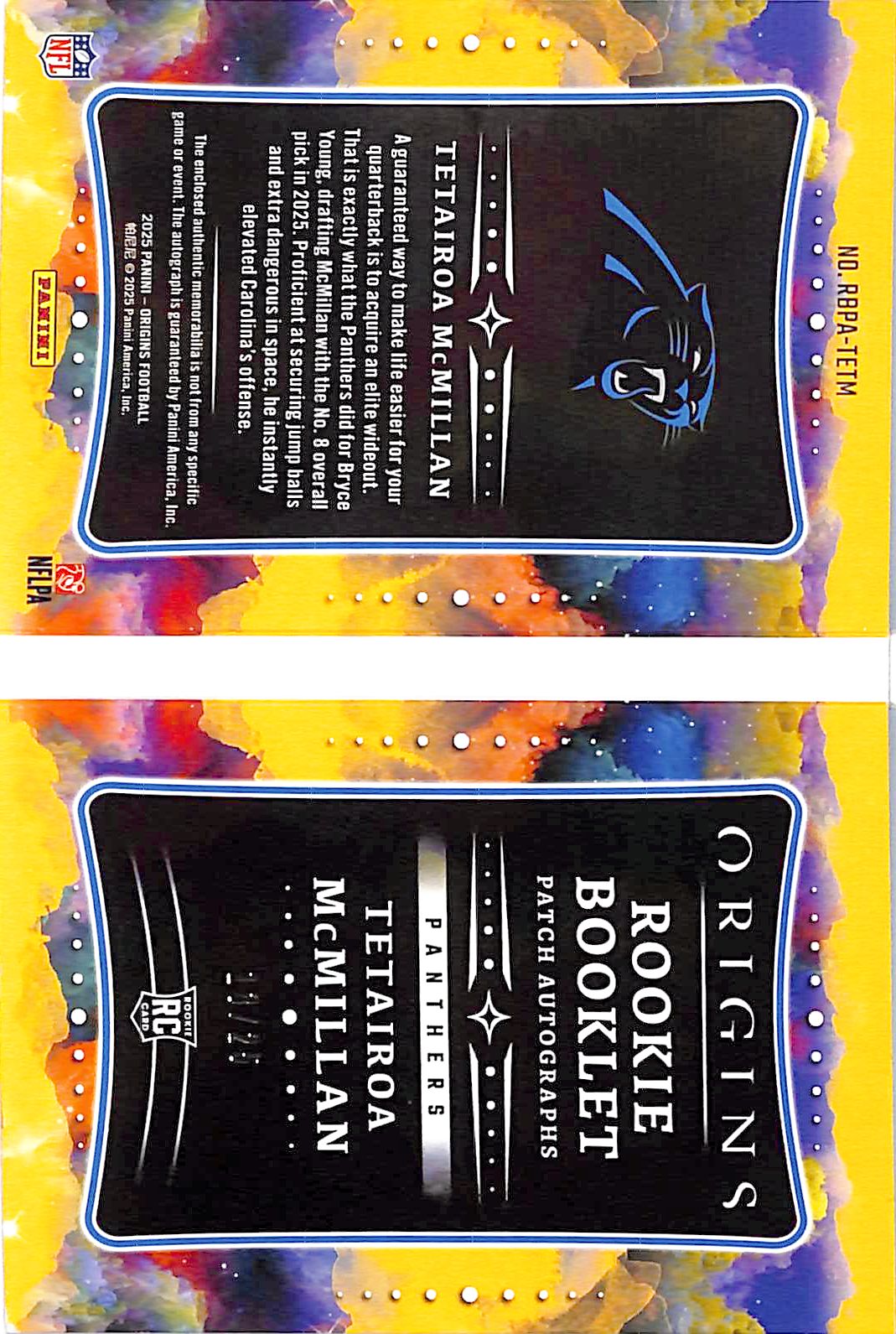 2025 Origins Tetairoa McMillan Rookie Autograph /25 Booklet Patch RC Panthers