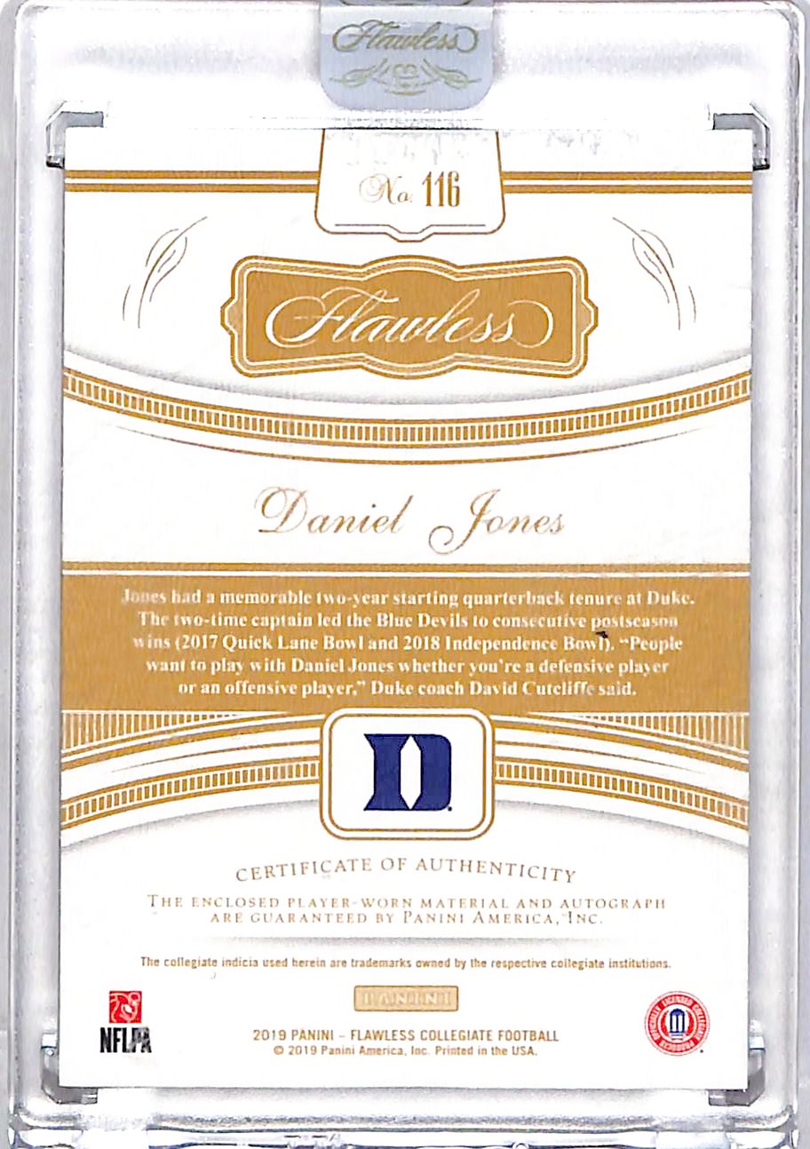 2019 Flawless Collegiate Football Daniel Jones Auto /20 Rookie Patch RC 116 Duke