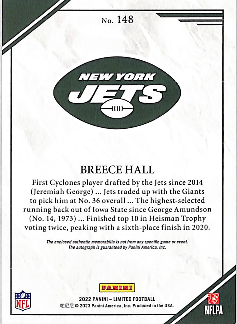 2023 Panini Limited Football Breece Hall Autograph /29 Patch RC #148 Jets