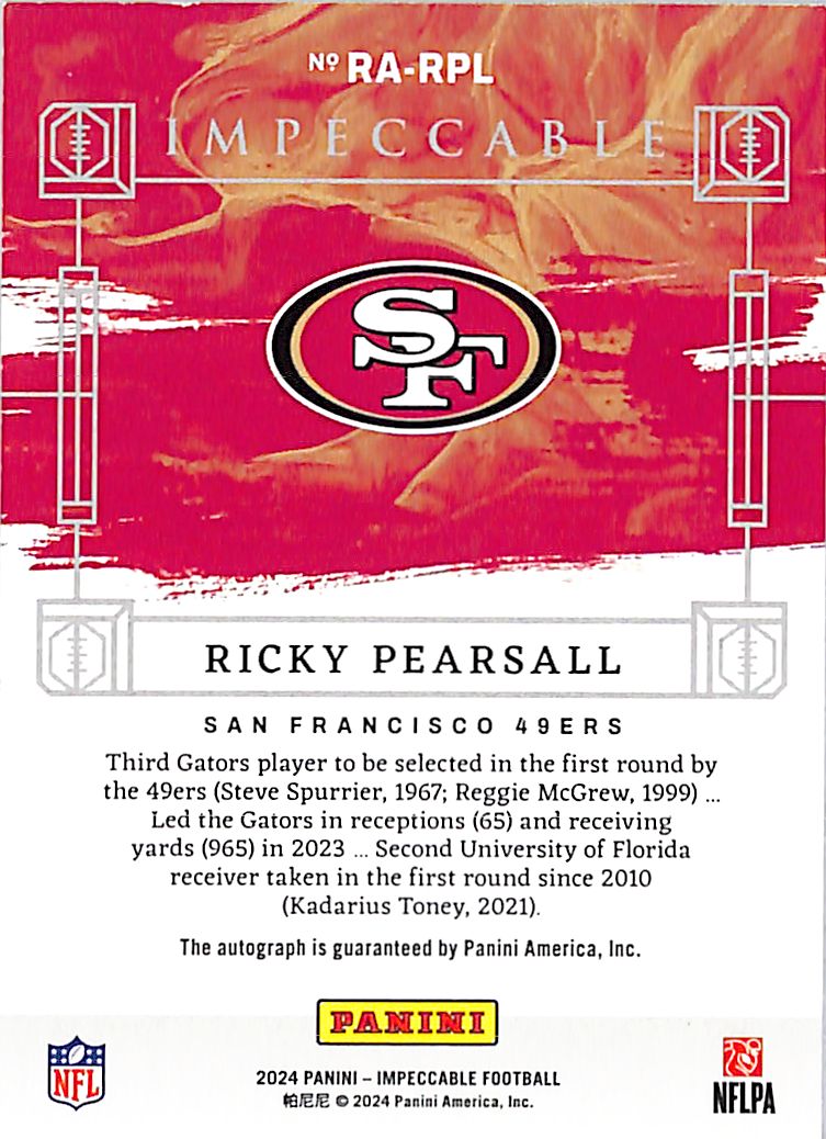 2024 Panini Impeccable Ricky Pearsall Autograph /97 Rookie #RA-RPL 49ers