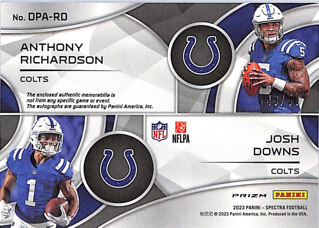 2023 Spectra Anthony Richardson Josh Downs Dual Patch Auto /50 Rookie RC #DPA-RD