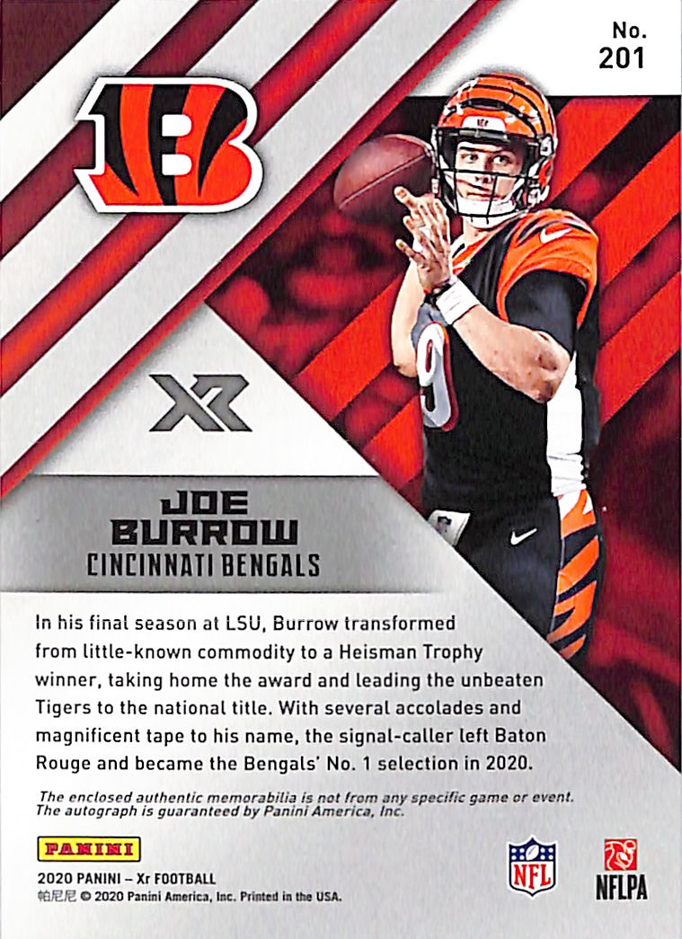 2020 Panini XR Joe Burrow Rookie Patch Autograph /30 Triple RC #201 Bengals
