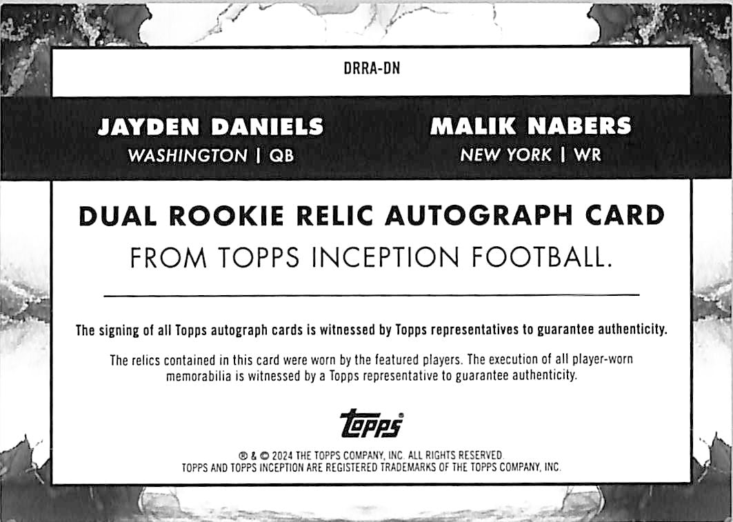 2024 Topps Inception Jayden Daniels Malik Nabers /50 Dual Rookie Relic Auto