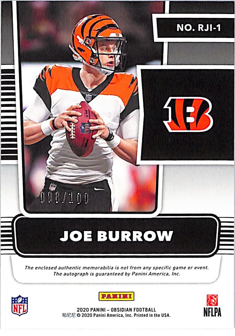 2020 Panini Obsidian Joe Burrow Rookie Patch Autograph /100 #RJI-1 Bengals