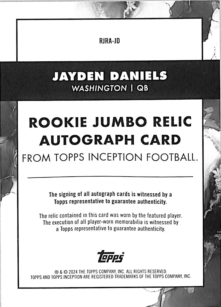 2024 Topps Inception Jayden Daniels Auto Patch Rookie Purple /125 RC #RJRA-JD