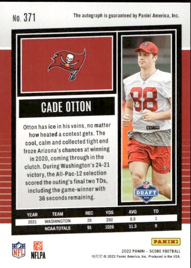 2022 Score Cade Otton Rookie Autograph RC #371 Tampa Bay Buccaneers