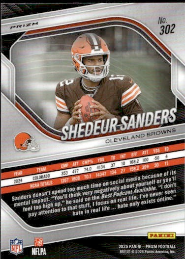 2025 Panini Prizm Football Shedeur Sanders Lazer Rookie RC #302 Cleveland Browns