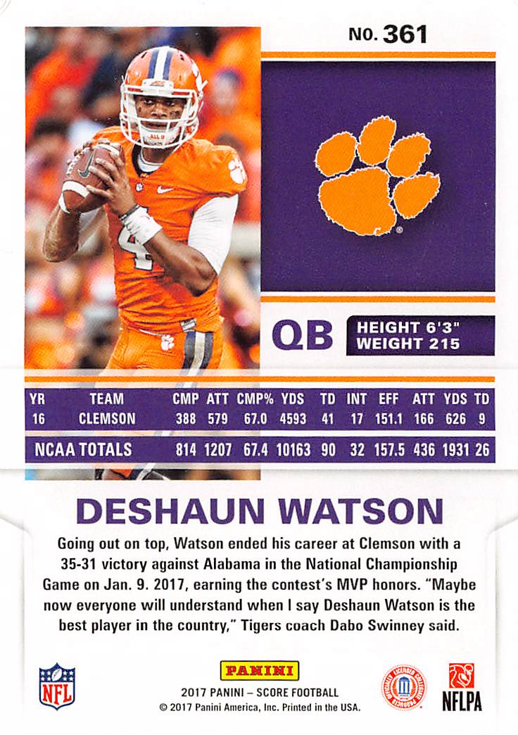 2017 Score Deshaun Watson Rookie RC #361 Clemson Tigers