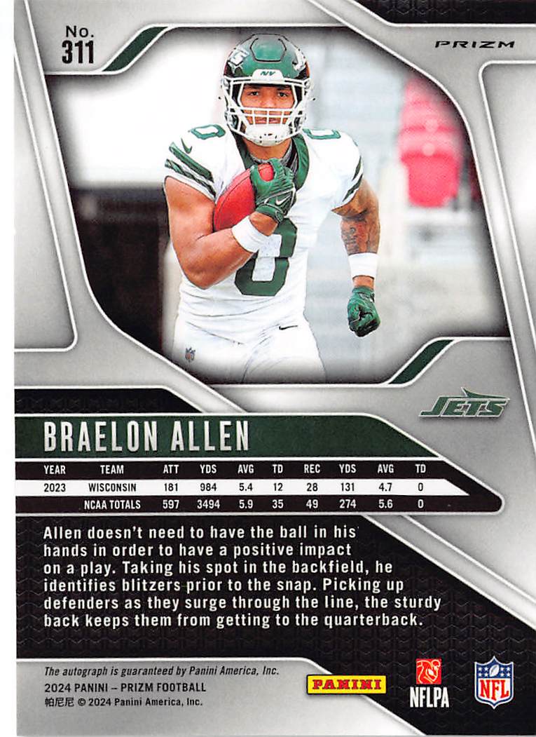 2024 Panini Prizm Braelon Allen Purple Pulsar Autograph Rookie RC #311 Jets