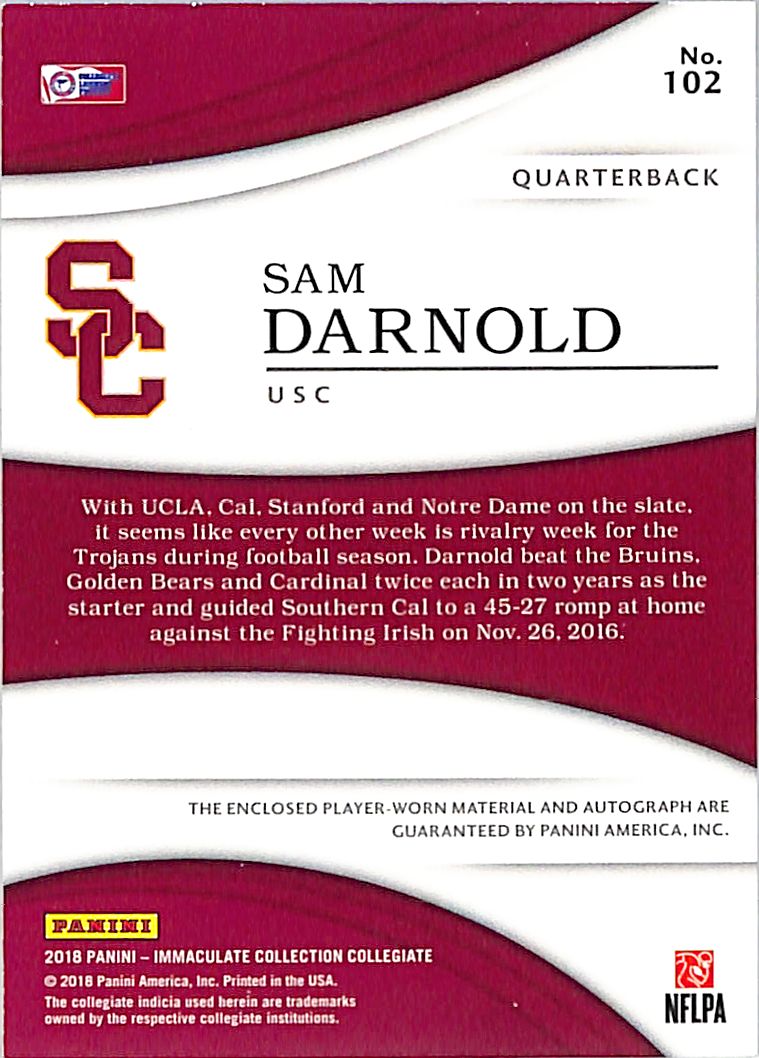 2018 Immaculate Collection Collegiate Sam Darnold /99 Rookie Patch Auto #102 USC