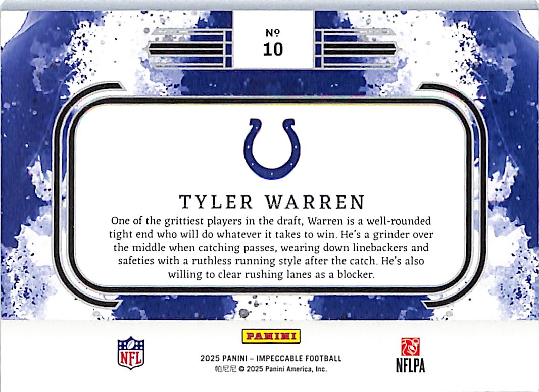 2025 Panini Impeccable Football Tyler Warren /35 Rookie RC Silver Bar #10 Colts
