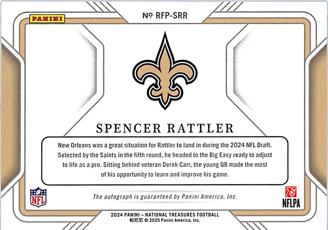 2024 National Treasures Spencer Rattler Field Pass Auto Rookie /99 RC #RFP-SRR