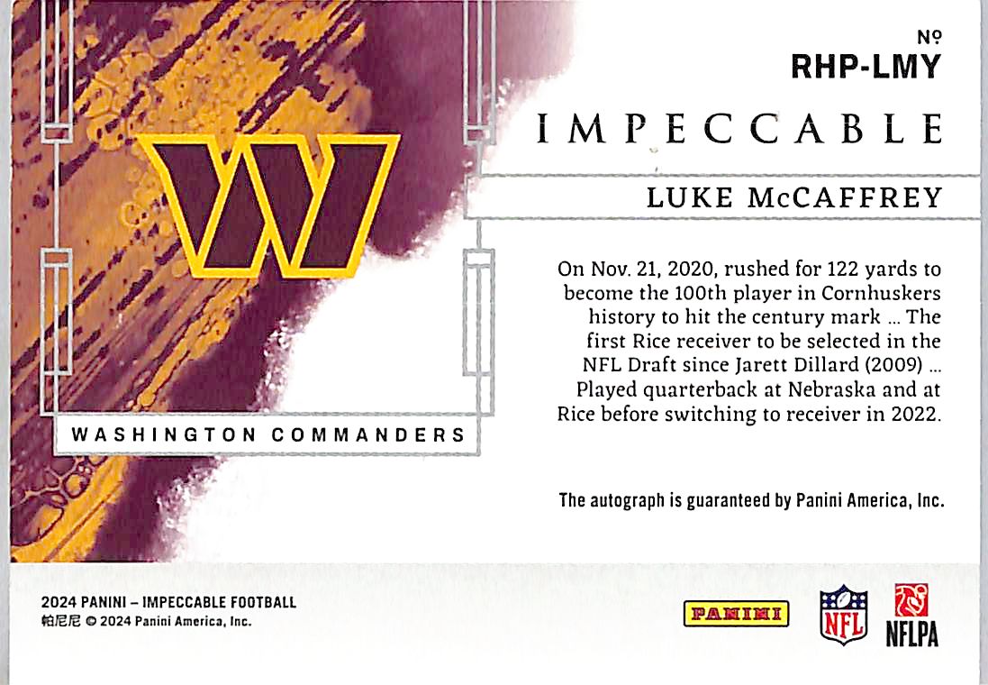 2024 Impeccable Elegance Luke McCaffrey Autograph /20 Rookie Silver Bar #RHP-LMY