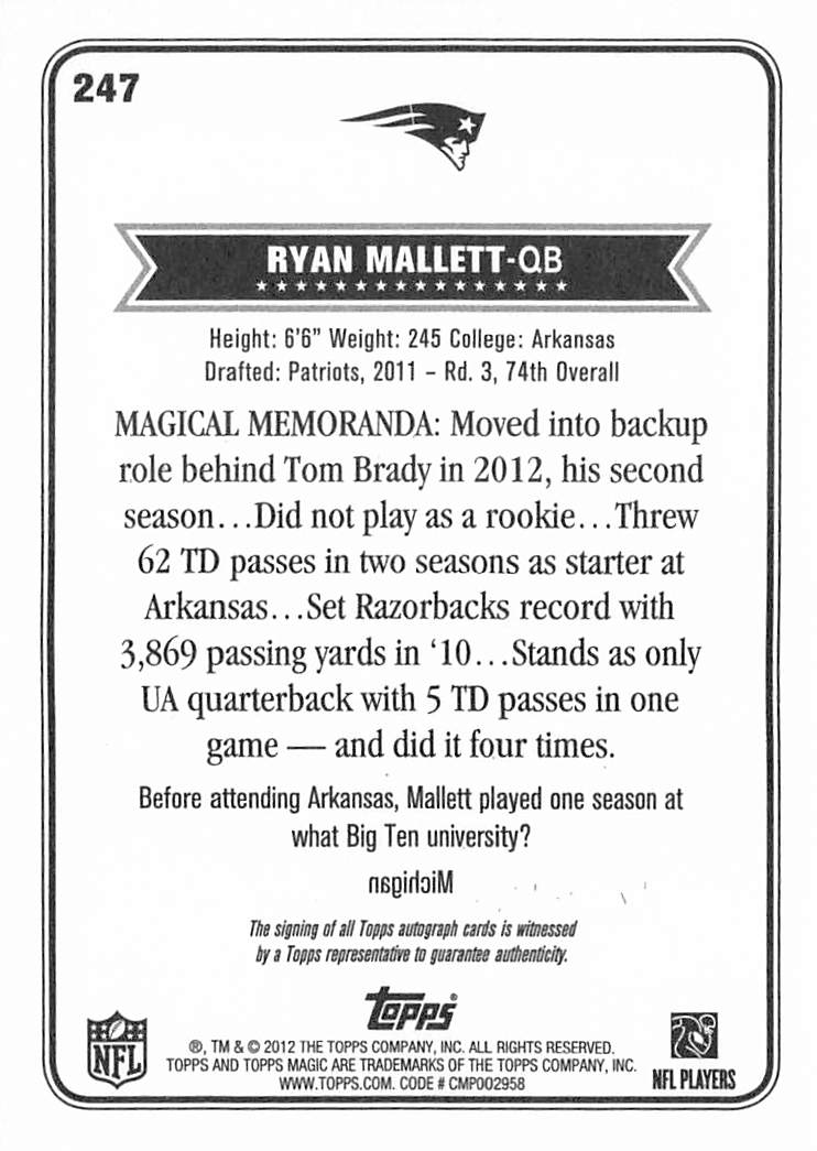2012 Topps Magic Ryan Mallett Autograph #247 New England Patriots