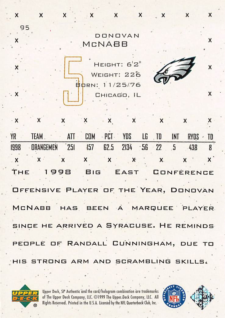 1999 Upper Deck SP Authentic Future Watch Donovan McNabb /1999 Rookie #95 Eagles