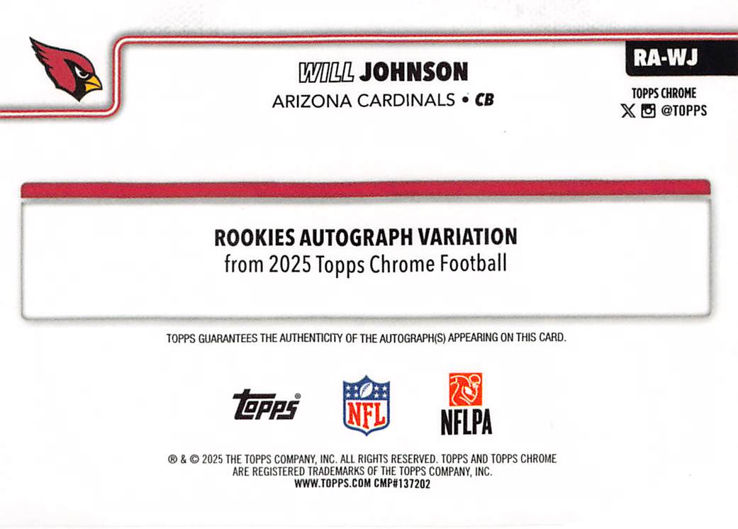 2025 Topps Chrome Will Johnson Gold Sapphire Auto /50 Rookie RC #RA-WJ Cardinals