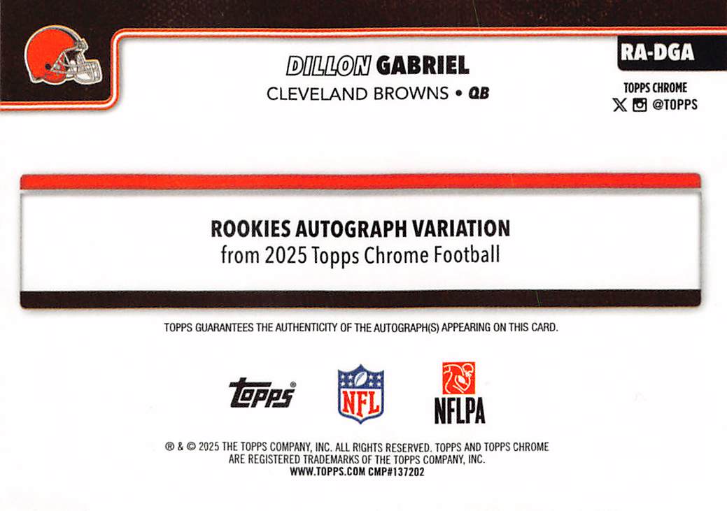2025 Topps Chrome Dillon Gabriel Rookie Auto Aqua /299 RC #RA-DGA Browns