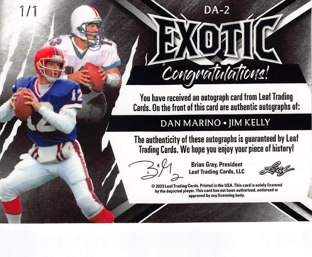 2023 Leaf Exotic Jim Kelly Dan Marino Dual Auto Autograph 1/1 #DA-2